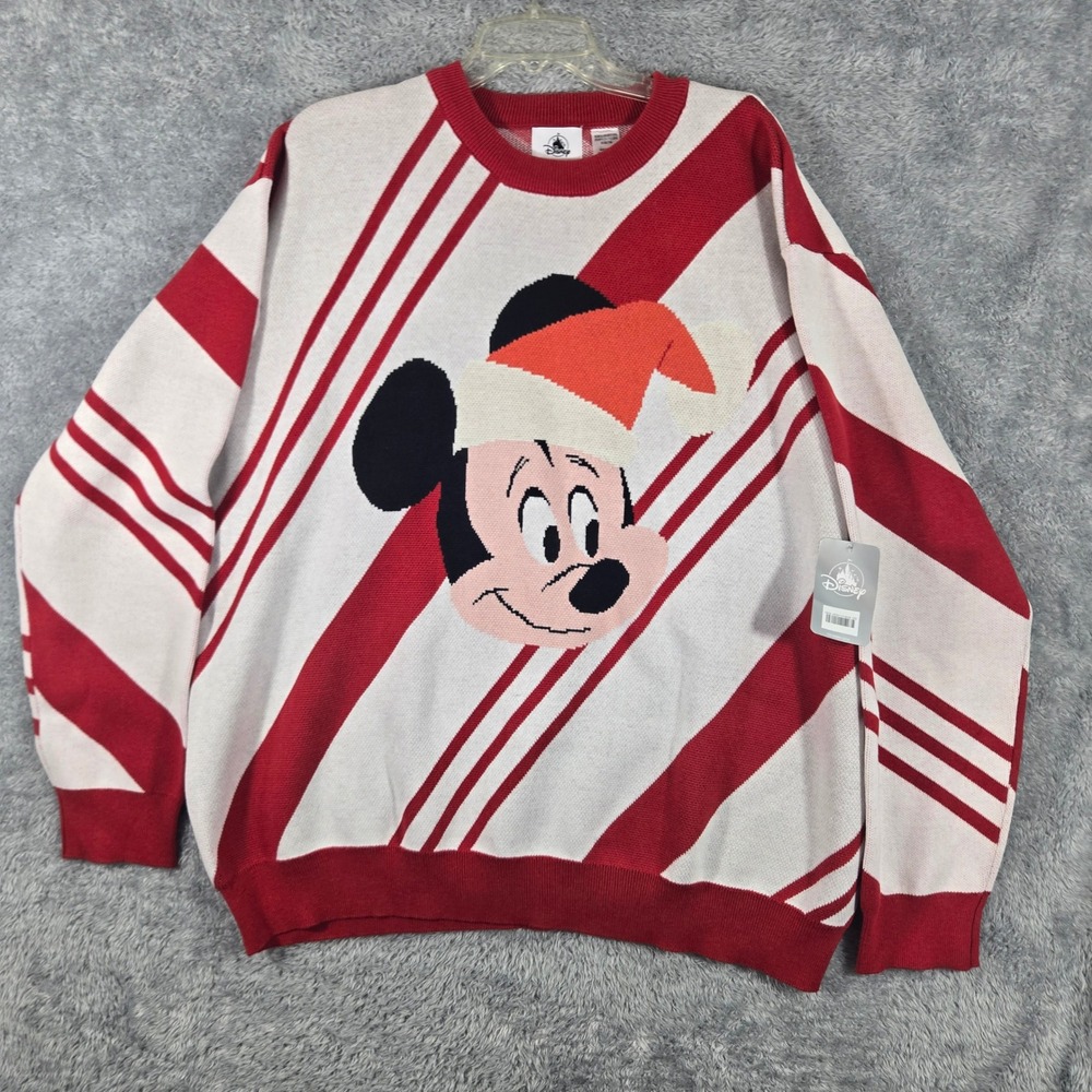 Disney Mickey Mouse Christmas Sweater Red White Candy Cane Striped Mens XL New
